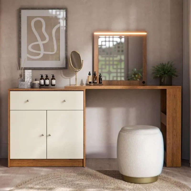 Mesa Camarim Aura 1 Gaveta Com Espelho LED MDF MDP Off White Casah