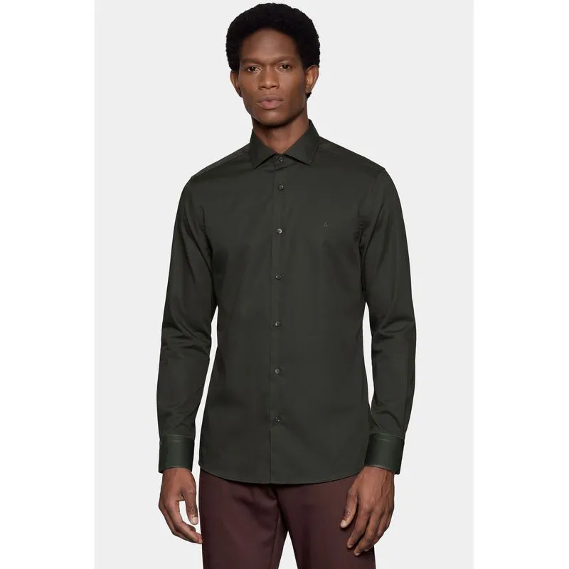 Camisa Manga Longa Slim em Tricoline Stretch Liso Verde Escuro - P