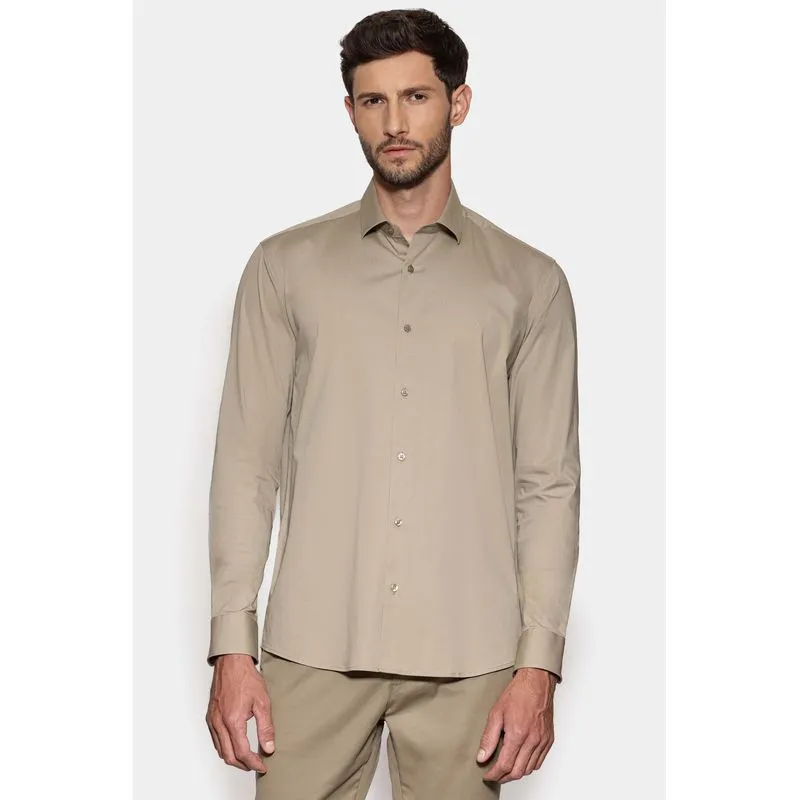 Camisa Manga Longa Slim em Tricoline Stretch Liso Trigo - M