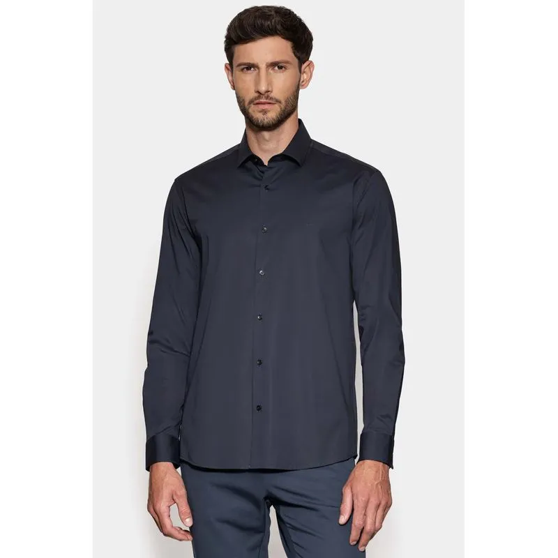 Camisa Manga Longa Slim em Tricoline Stretch Liso Marinho Escuro - G