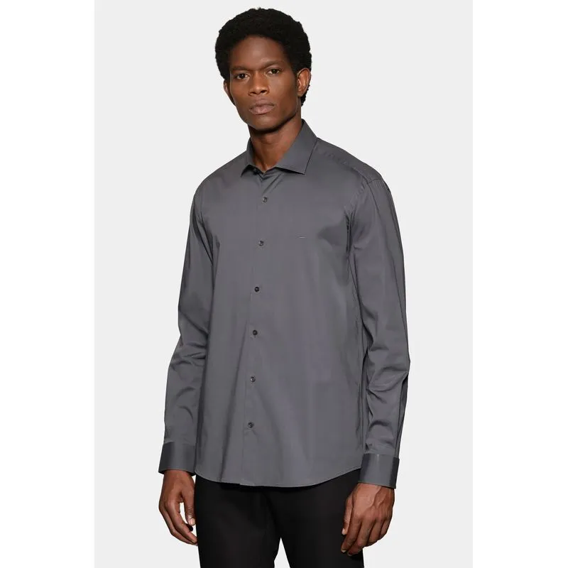 Camisa Manga Longa Slim em Tricoline Stretch Liso Grafite - XGG