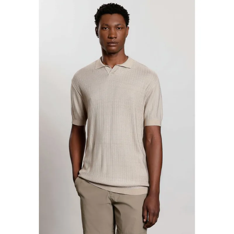 Polo Manga Curta Tricot Rib Rayon Camel - G