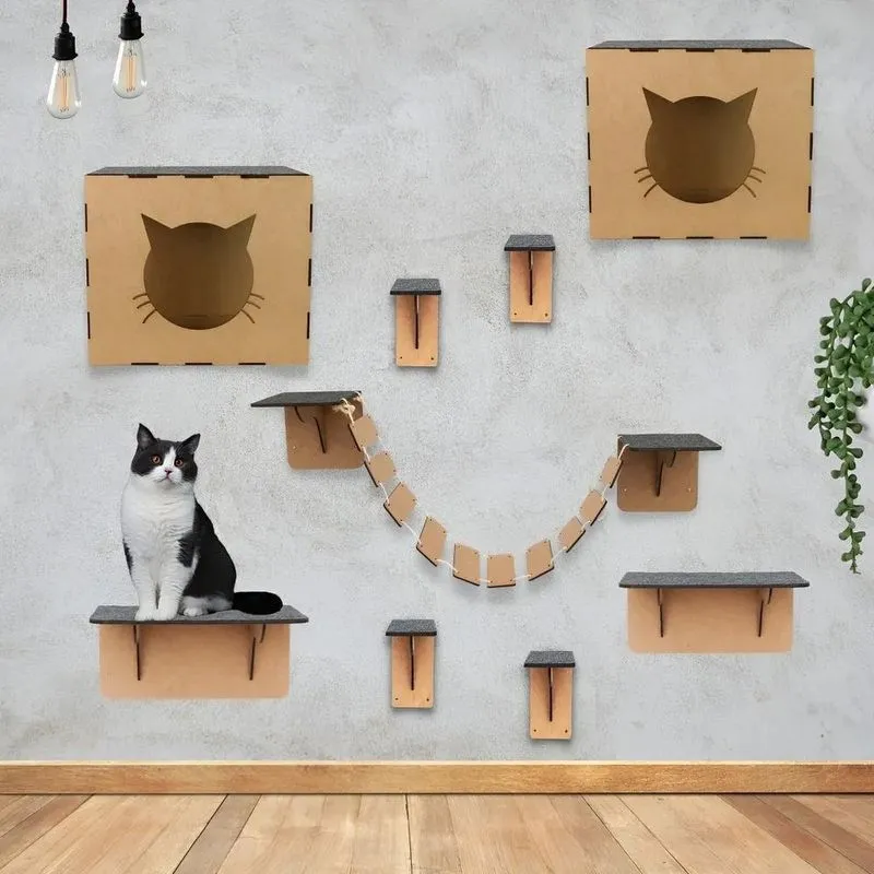 Kit De Gato Casa Casinha Parede Playground 9 Peças Cor Mdf C