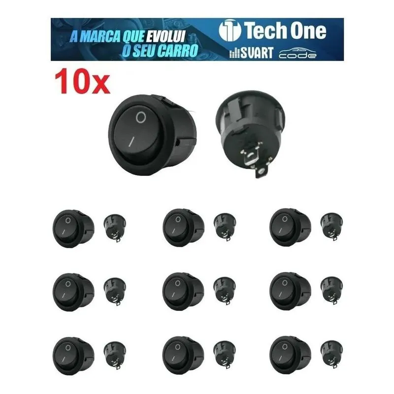 Kit Com 10 Botão Tic Tac Redondo Preto Chave Liga Desliga