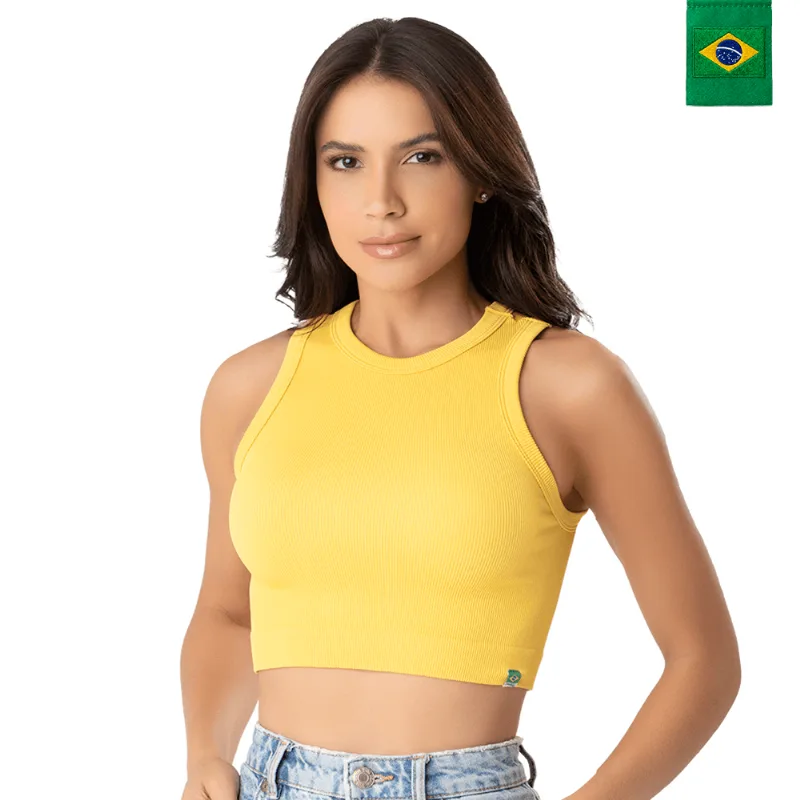 Regata Cropped Canelada Sem Costura Amarelo Ouro