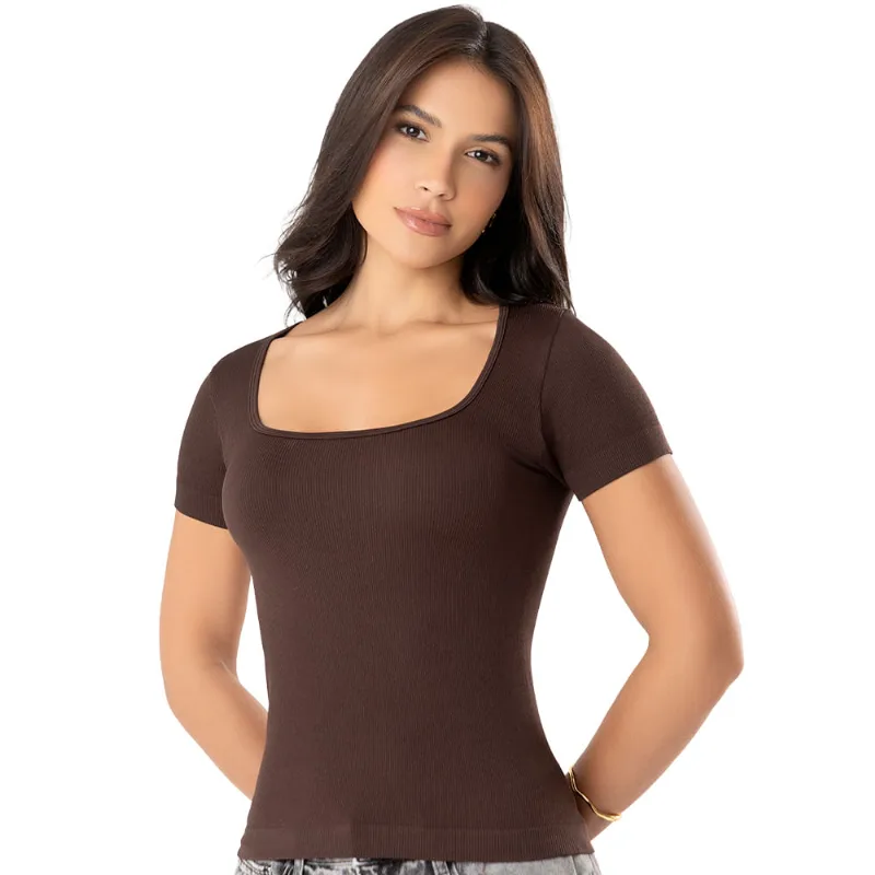 Camisa Sem Costuna Canelada com Manga Café - DelRio