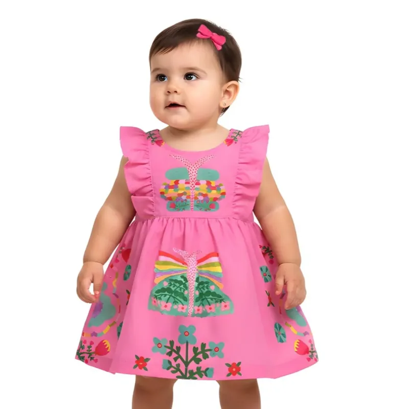 Vestido Bebê Com Calcinha Rosa Flor de Borboleta Alphabeto