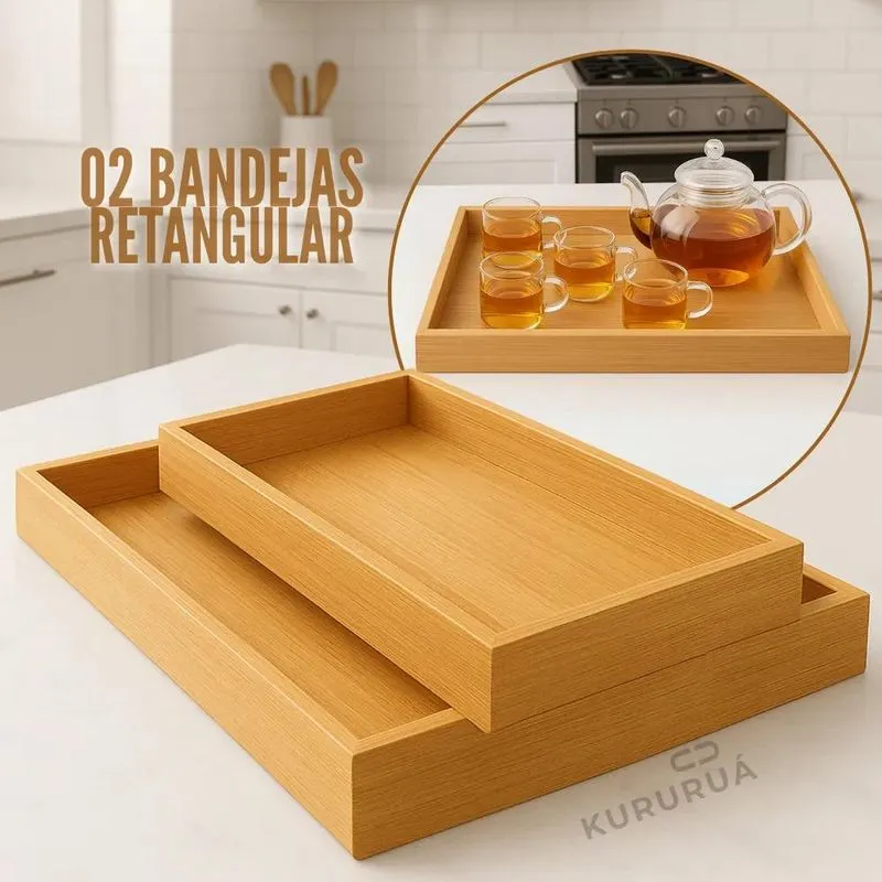 Kit 2 Bandeja De Bambu Para Cozinha Conjunto Retangular Marc
