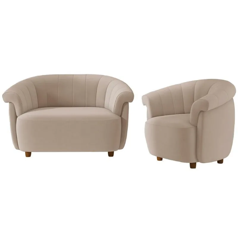 Kit Namoradeira 2 Lugares E Poltrona Decorativa Orgânica Perseu M03 Veludo Bege - Lyam Decor