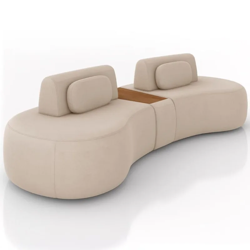 Sofá 4 Lugares Orgânico Para Sala Living Com Puff 342cm Vasti M03 Veludo Bege - Lyam Decor - Lyam Decor