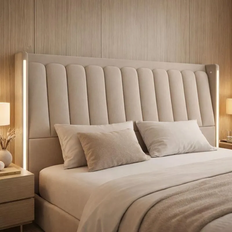 Cabeceira Casal Moan P05 para Cama Box com Led Estrutura MDF-MDP Veludo Bege Lyam Decor