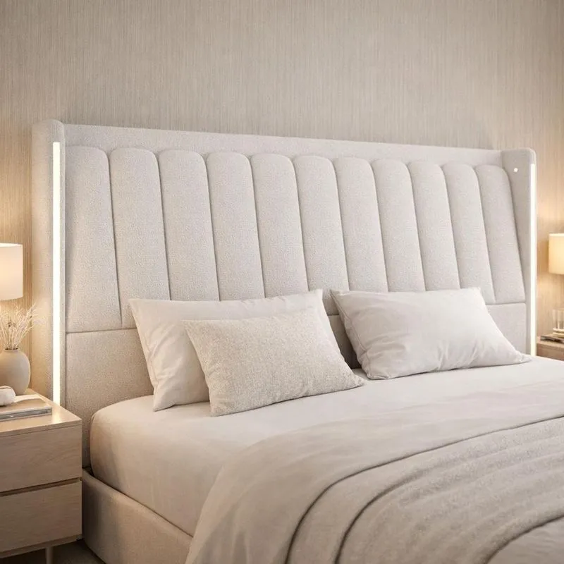 Cabeceira Casal Moan P05 para Cama Box com Led Estrutura MDF MDP Bouclê Cru Lyam Decor