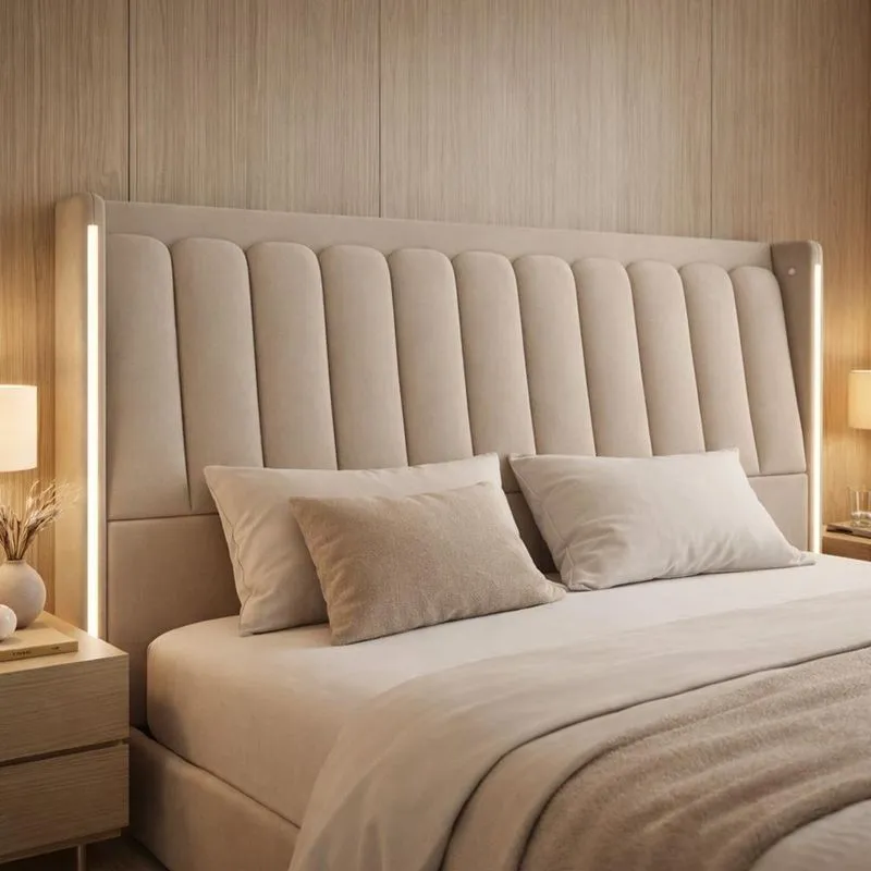 Cabeceira Cama Box Queen Estofada com LED 160cm Moan P05 Veludo Bege - Lyam Decor