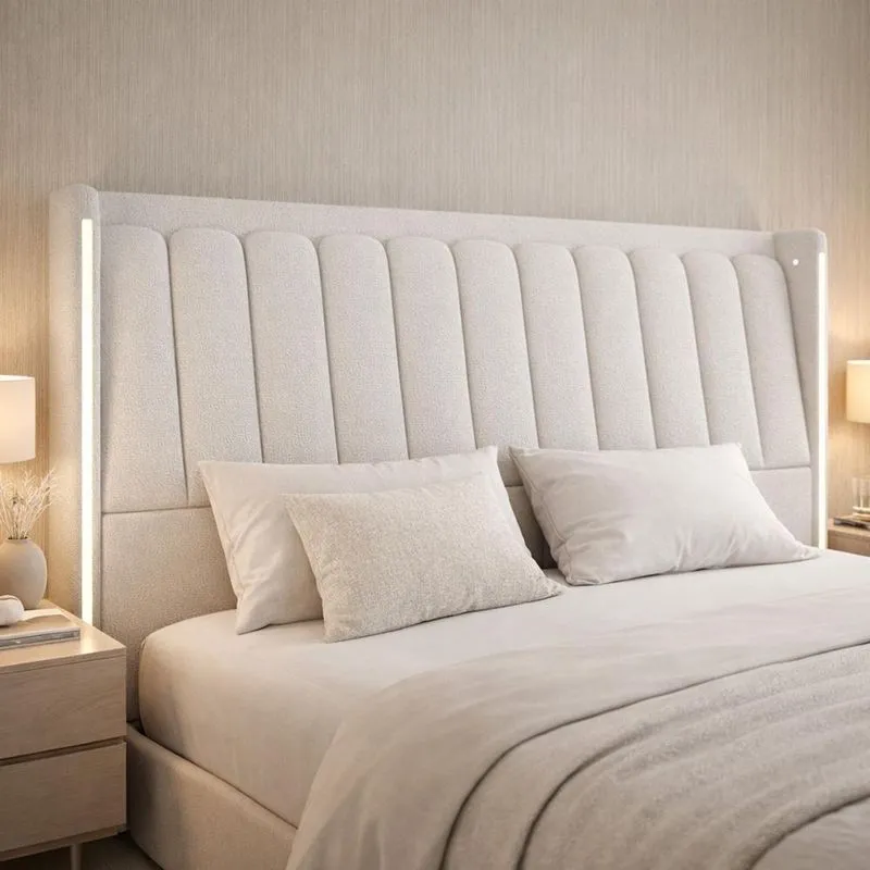 Cabeceira Cama Box Queen Estofada com LED 160cm Moan P05 Bouclê Cru - Lyam Decor