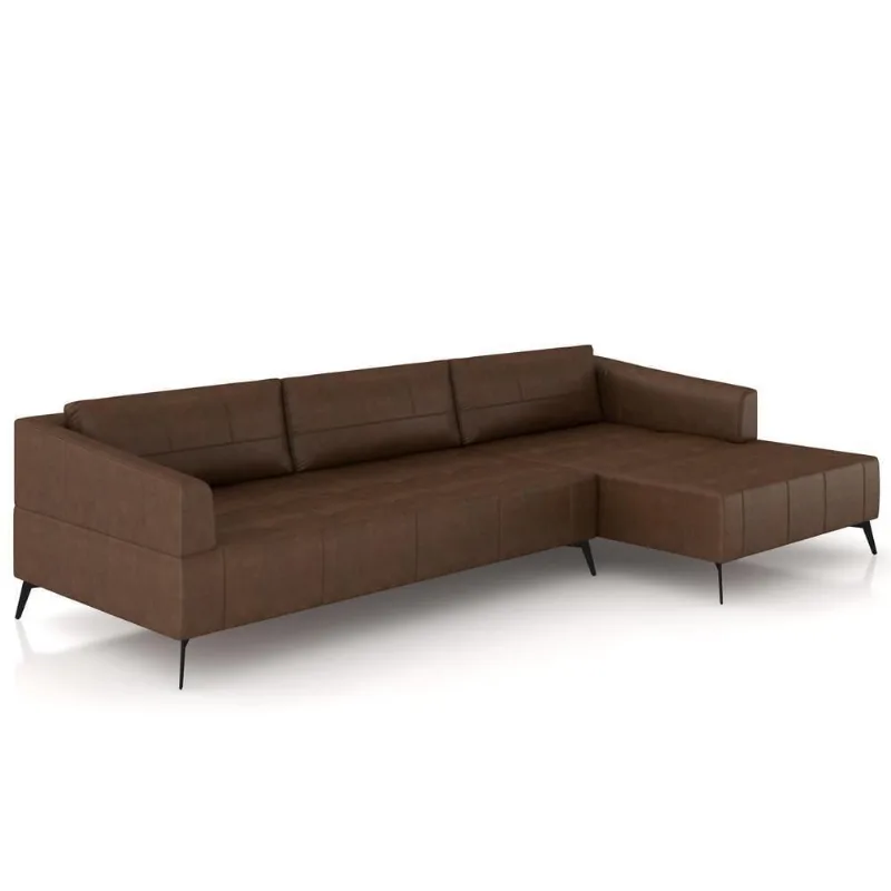 Sofá 3 Lugares Com Chaise Para Sala Living 292cm Tolstoi P08 Couro Marrom Mescla - Lyam Decor