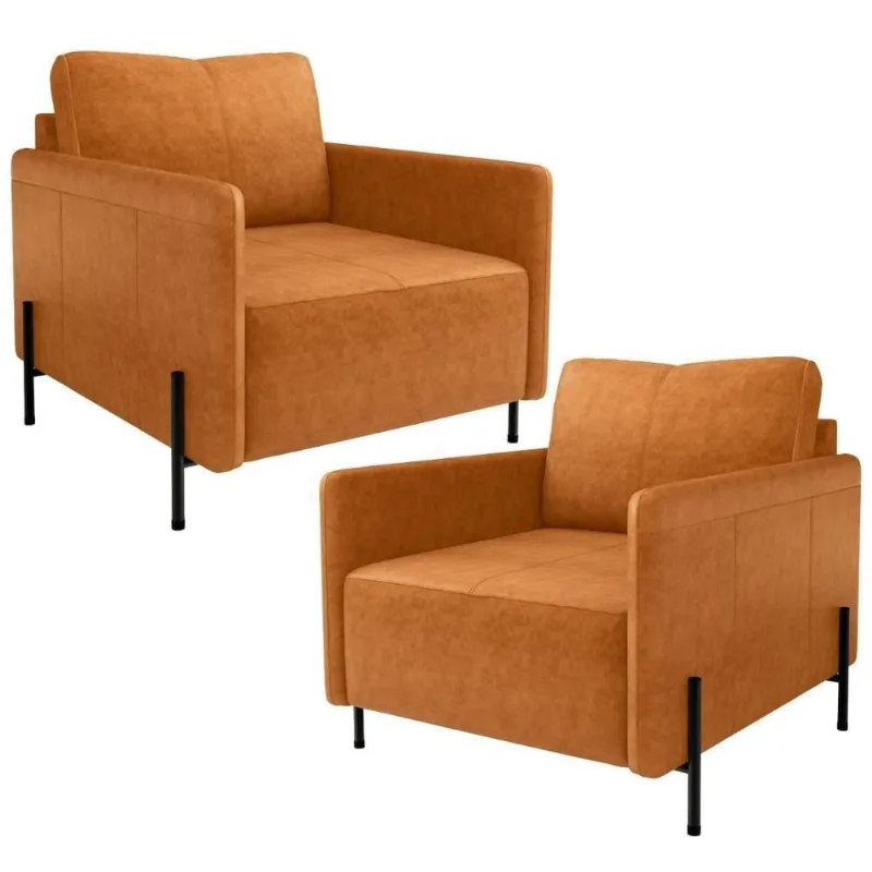 Kit 2 Poltronas Decorativa Para Sala Living Pés Industrial Domani L06 Couríssimo Whisky - Lyam Decor