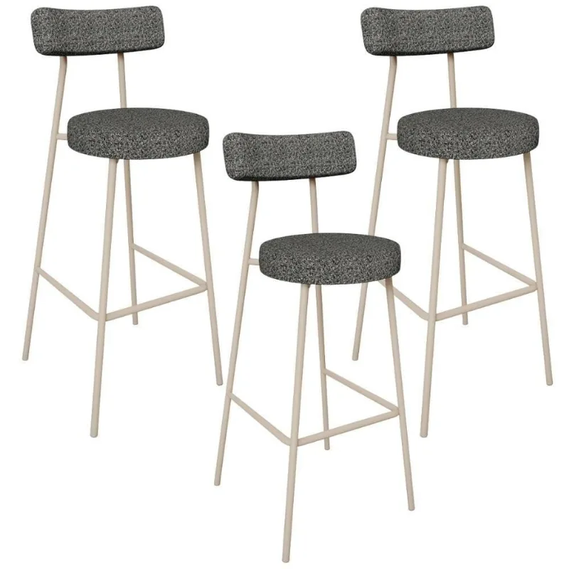 Kit 03 Banquetas Alta Bar Cozinha Sala De Jantar Aço Milão Arena L02 Linho Mescla Chumbo - Lyam Decor - Lyam Decor