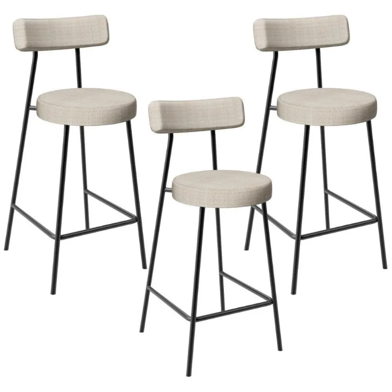 Kit 03 Banquetas Baixa Para Cozinha Sala De Jantar Bar Bancada Milão L02 Linho Palha - Lyam Decor - Lyam Decor