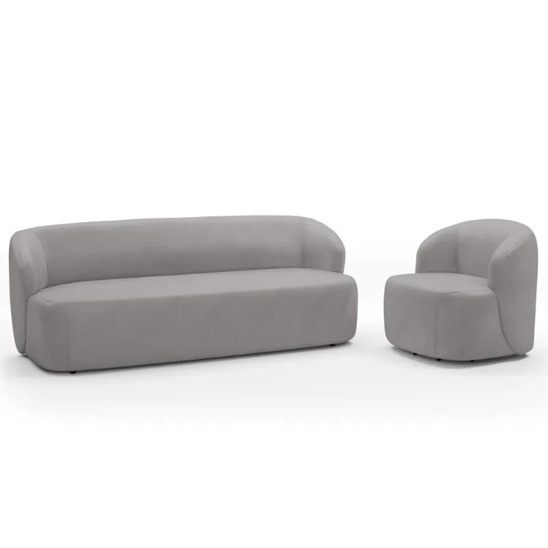 Sofá 2 Lugares 170cm Com Poltrona Giratória Orgânica Heidy F04 Veludo Cinza - Lyam Decor - Lyam Decor