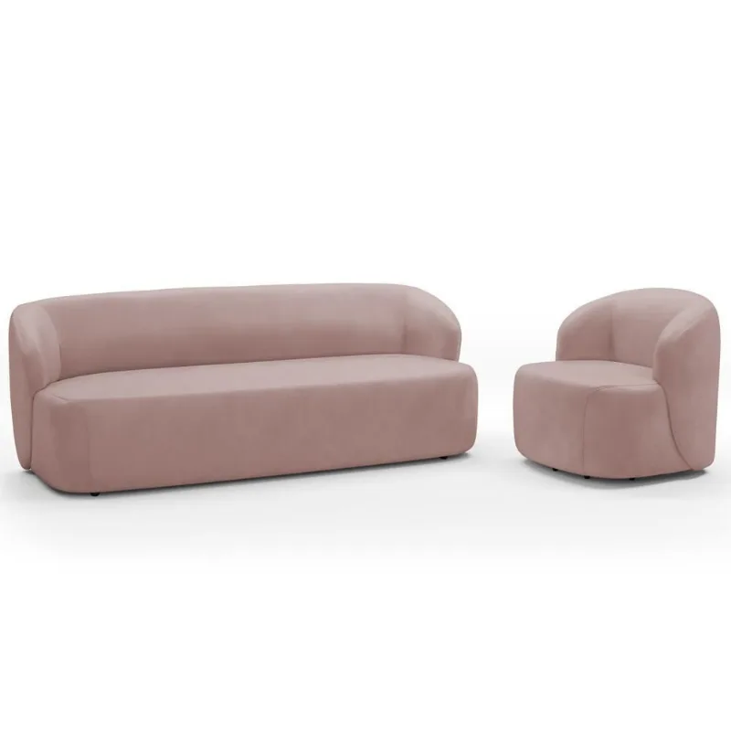 Sofá 2 Lugares 170cm Com Poltrona Giratória Orgânica Heidy F04 Veludo Rosê - Lyam Decor - Lyam Decor