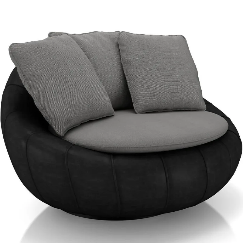 Poltrona Para Sala De Estar Decorativa Giratória Kira Couríssimo Preto Linho Cinza - Lyam Decor