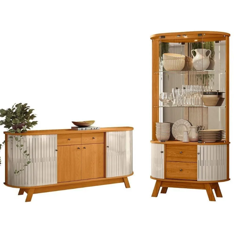 Kit Aparador Buffet Inara E Cristaleira Eça Orgânico M07 Cinamomo Off White - Lyam Decor - Lyam Decor