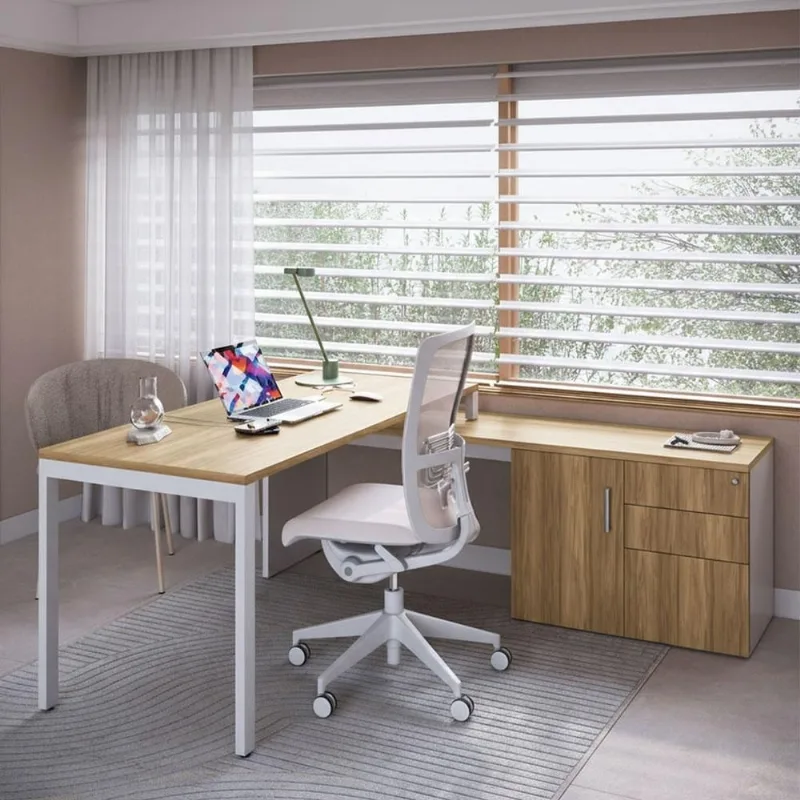 Mesa Para Escritório Em L Com Balcão 1 Porta 3 Gavetas Idea A03 Nogal Sevilha Branco - Lyam Decor