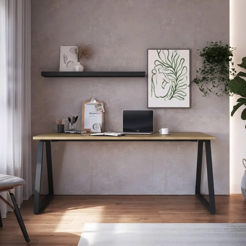 Mesa Escrivaninha Industrial Home Office 160cm Idea A03 Nogal Sevilha Preto - Lyam Decor