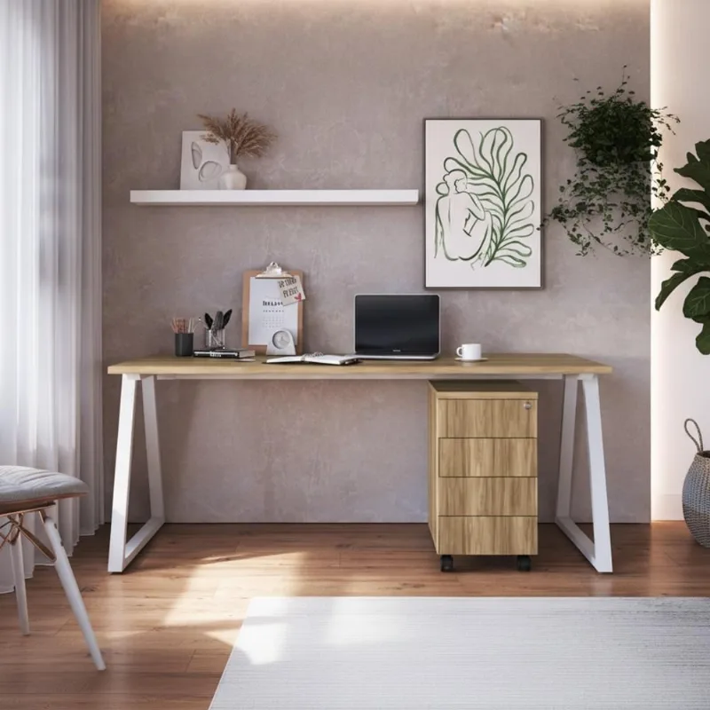 Mesa Escrivaninha Industrial E Gaveteiro Com Rodízios Idea A03 Nogal Sevilha Branco - Lyam Decor - Lyam Decor