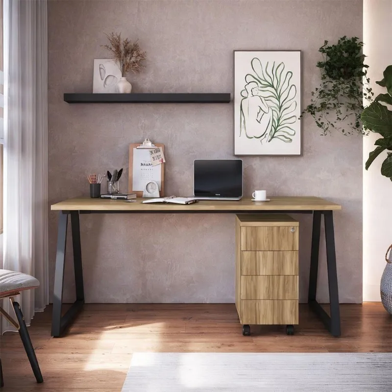 Mesa Escrivaninha com Gaveteiro Idea A03 Industrial 4 Gavetas MDF-MDP 160cm Preto Lyam Decor