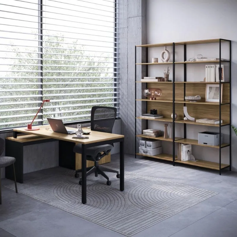 Mesa Escritório Em L Com Balcão E 2 Estantes Industrial Idea A03 Nogal Sevilha Preto - Lyam Decor