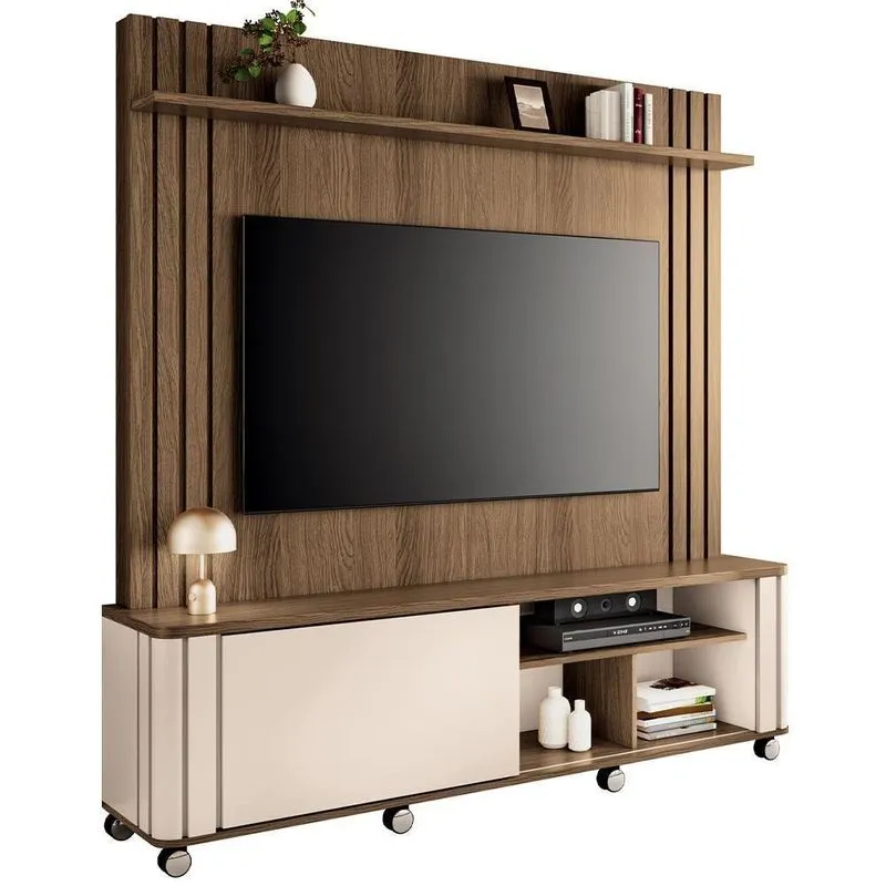 Estante Painel Para Tv 70 Pol Com Rodízios Linus B01 Castanho Off White - Lyam Decor