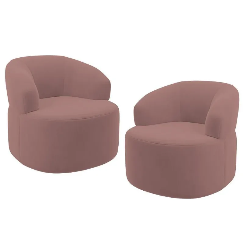 Kit 02 Poltronas Giratória Orgânica Para Sala De Estar Living Helena L02 Suede Rosê - Lyam Decor