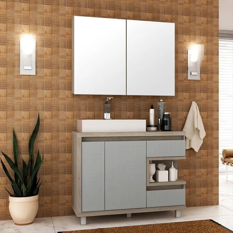 Conjunto Banheiro B06 Barrique Argento 2 Portas 2 Prateleiras MDF 100cm Malbec