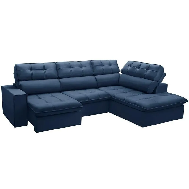 Sofá Com Chaise Solin F04 4 Lugares Retrátil E Reclinável Azul Veludo Lyam Decor