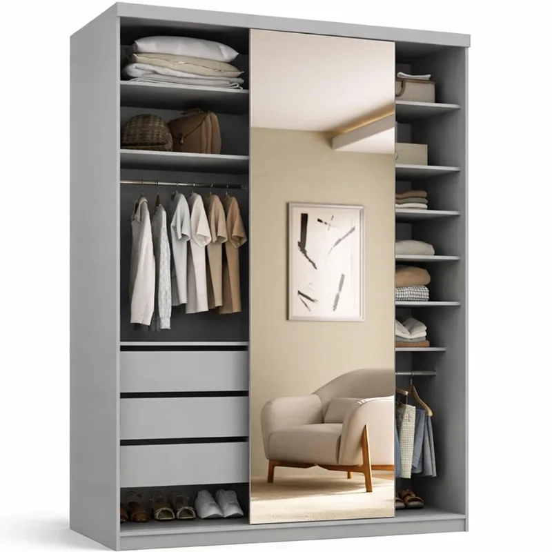 Closet Solteiro 1 Porta de Correr Com Espelho 3 Gavetas 139cm MDF Sonni R02 Urbe - Lyam Decor