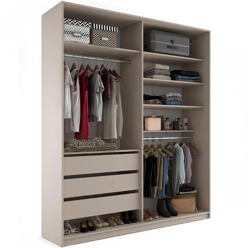 Closet Solteiro Guarda Roupa Sem Porta 159cm 3 Gavetas MDF Pisa R02 Bege - Lyam Decor - Lyam Decor