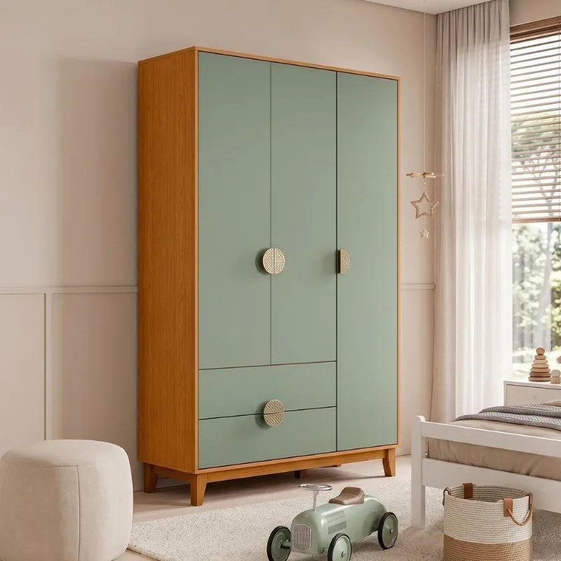 Guarda Roupa Solteiro Abruzzo A04 3 Portas de Bater 2 Gavetas MDF Cinamomo Sálvia Lyam Decor - Lyam Decor
