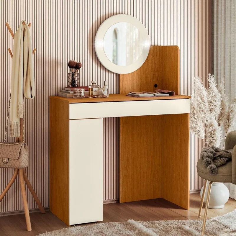 Penteadeira Camarim Asti A04 1 Gaveta com Espelho com LED Cinamomo e Off White Lyam Decor - Lyam Decor