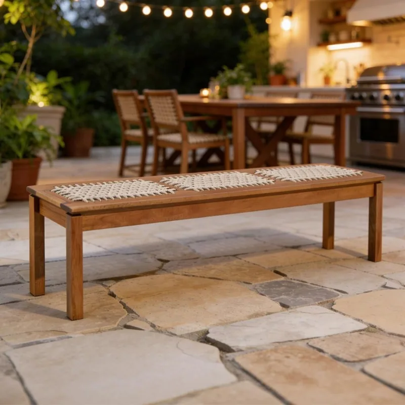 Banco de Madeira Para Varanda Gourmet 180cm Trammare C07 Corda Náutica Areia - Lyam Decor - Lyam Decor