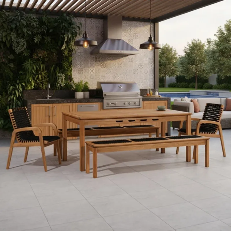 Mesa de Jantar Com 02 Bancos de Madeira e 02 Cadeiras com Braço Trammare C07 Corda Náutica Preta - Lyam Decor
