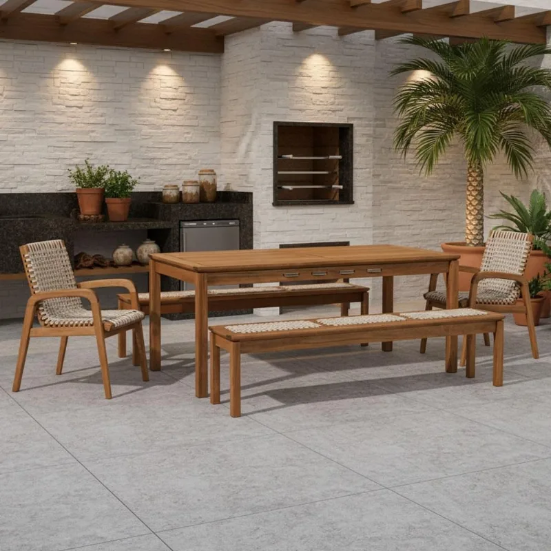 Mesa de Jantar Com 02 Bancos de Madeira e 02 Cadeiras com Braço Trammare C07 Corda Náutica Areia - Lyam Decor