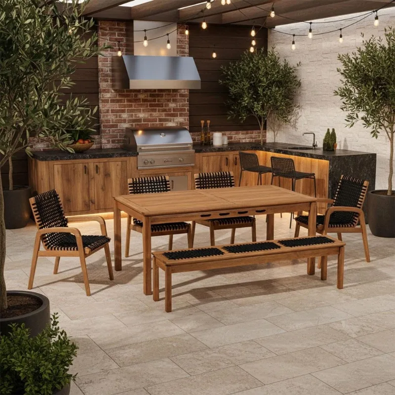 Mesa de Jantar Com Banco de Madeira 180cm e 04 Cadeiras Trammare C07 Corda Náutica Preta - Lyam Decor