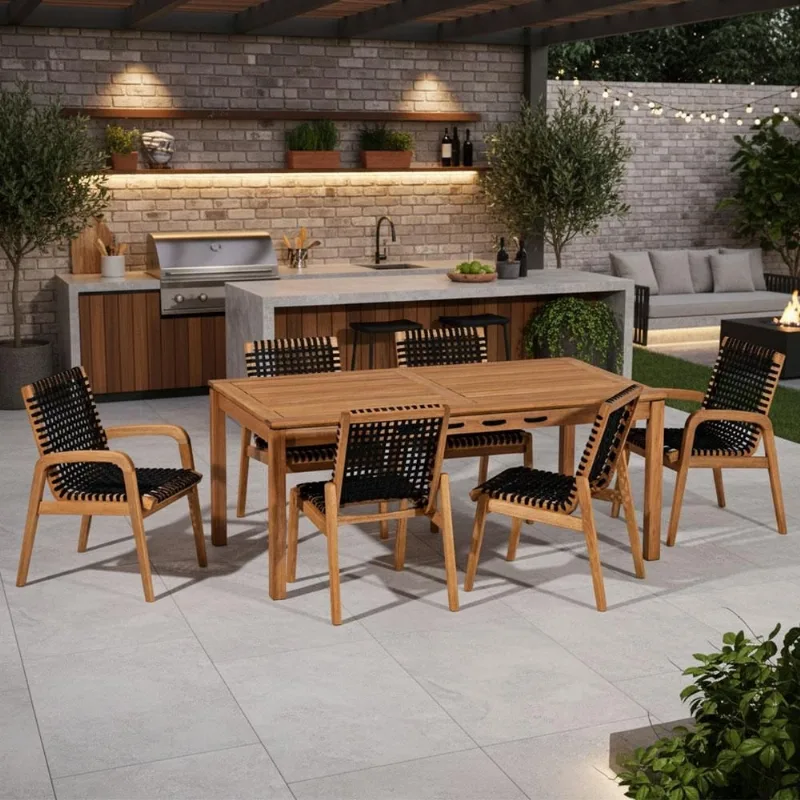 Mesa de Jantar Com 04 Cadeiras Sem Braço e 02 Cadeiras Com Braço Trammare C07 Corda Náutica Preta - Lyam Decor