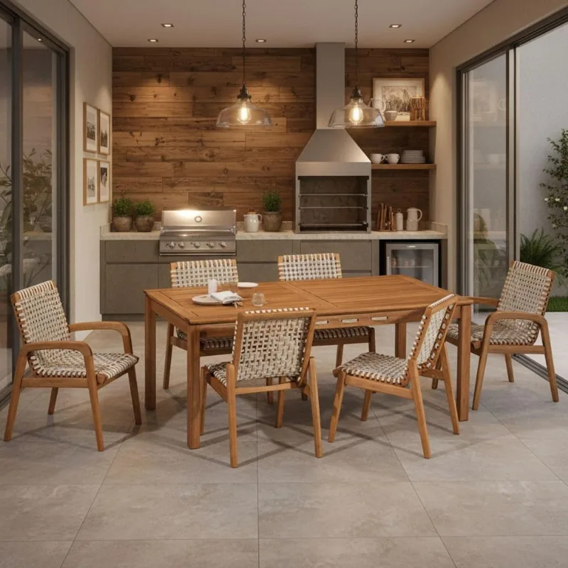 Mesa de Jantar Com 04 Cadeiras Sem Braço e 02 Cadeiras Com Braço Trammare C07 Corda Náutica Areia - Lyam Decor