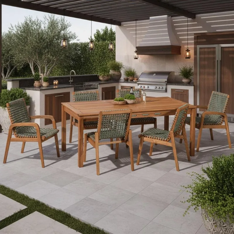 Mesa de Jantar Com 04 Cadeiras Sem Braço e 02 Cadeiras Com Braço Trammare C07 Corda Náutica Verde Oliva - Lyam Decor