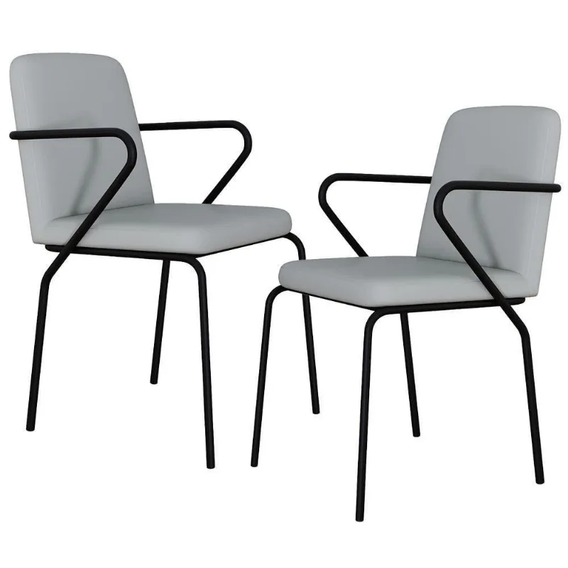 Kit 02 Cadeiras Estofada Sala Jantar Com Braço Loft Preto C01 Courino Saturno Off White Lyam Decor - Lyam Decor