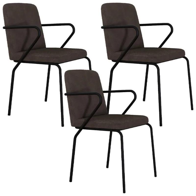 Kit 03 Cadeiras Estofada Para Sala De Jantar Com Braço Loft Preto C01 Bouclê Marrom - Lyam Decor - Lyam Decor
