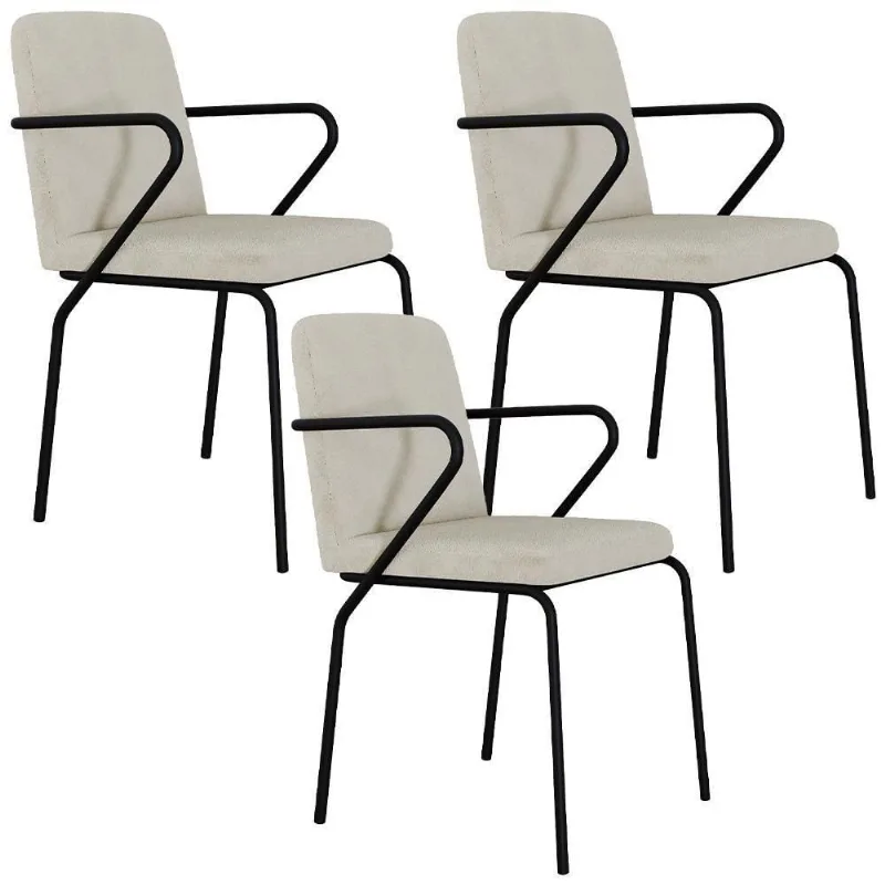 Kit 03 Cadeiras Estofada Para Sala De Jantar Com Braço Loft Preto C01 Bouclê Vanilla - Lyam Decor - Lyam Decor