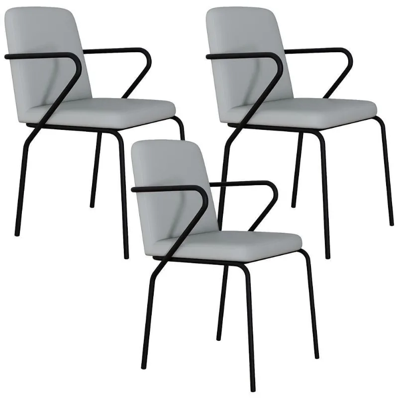 Kit 03 Cadeiras Estofada Sala Jantar Com Braço Loft Preto C01 Courino Saturno Off White Lyam Decor - Lyam Decor